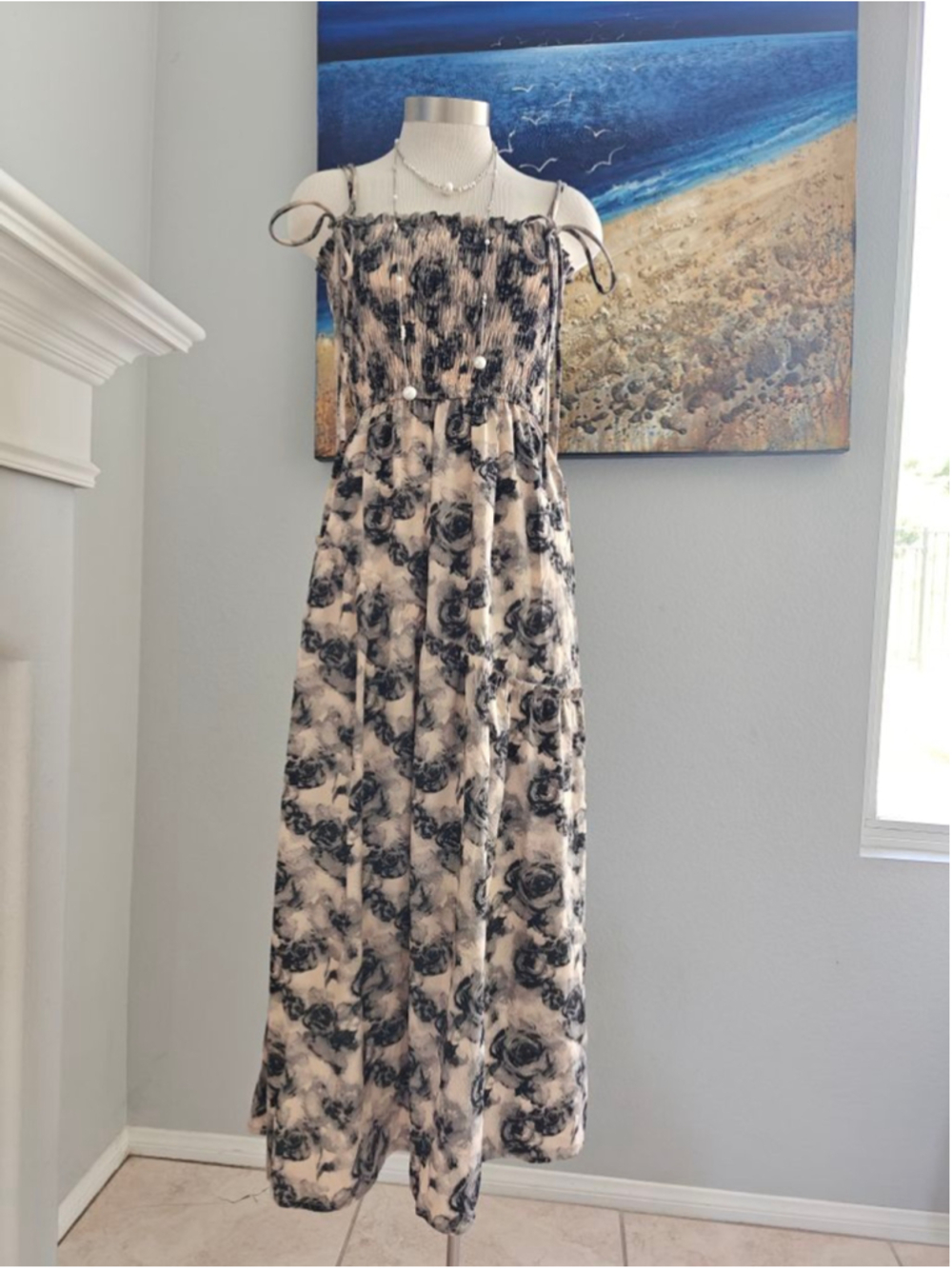 Women's Beige & Black Floral Smocked Maxi Dress